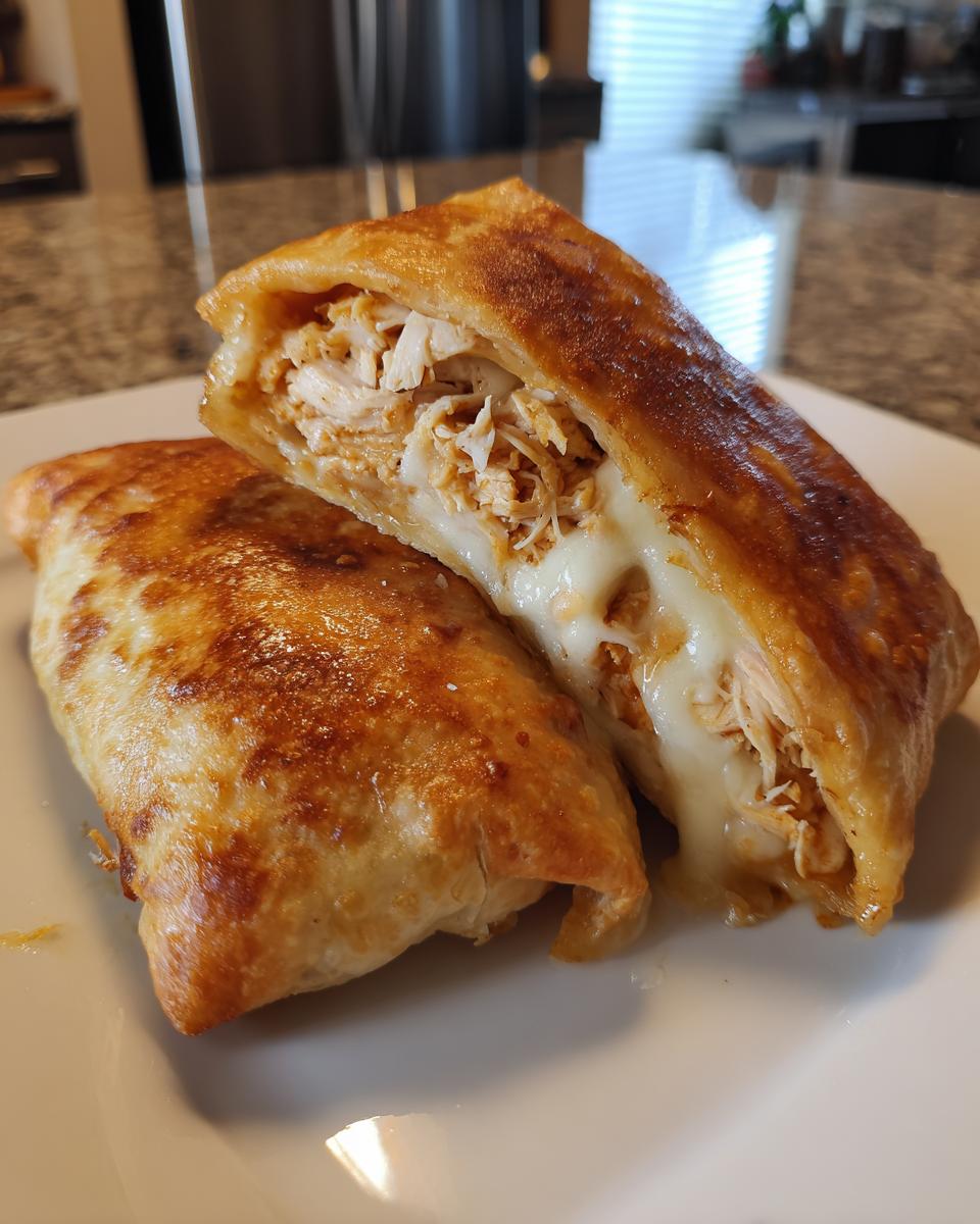 Two halves of a crispy, golden-brown chimichanga cut open to show shredded chicken and melted cheese filling.