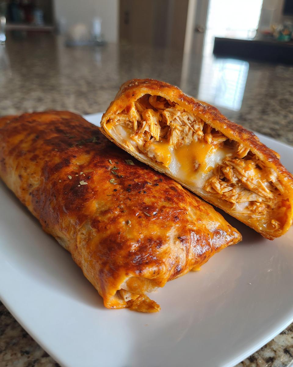 Two crispy, golden-brown Chimichangas on a white plate, one cut open revealing shredded chicken and melted cheese.