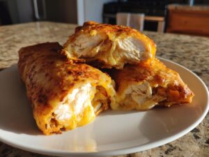 Close-up of crispy, golden-brown chimichangas cut open to reveal shredded white chicken filling.