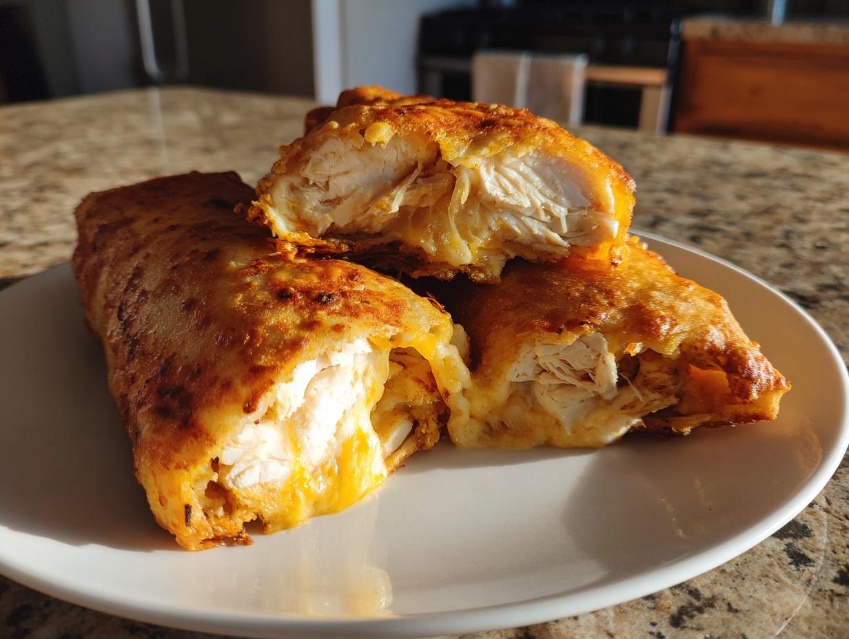 Close-up of crispy, golden-brown chimichangas cut open to reveal shredded white chicken filling.