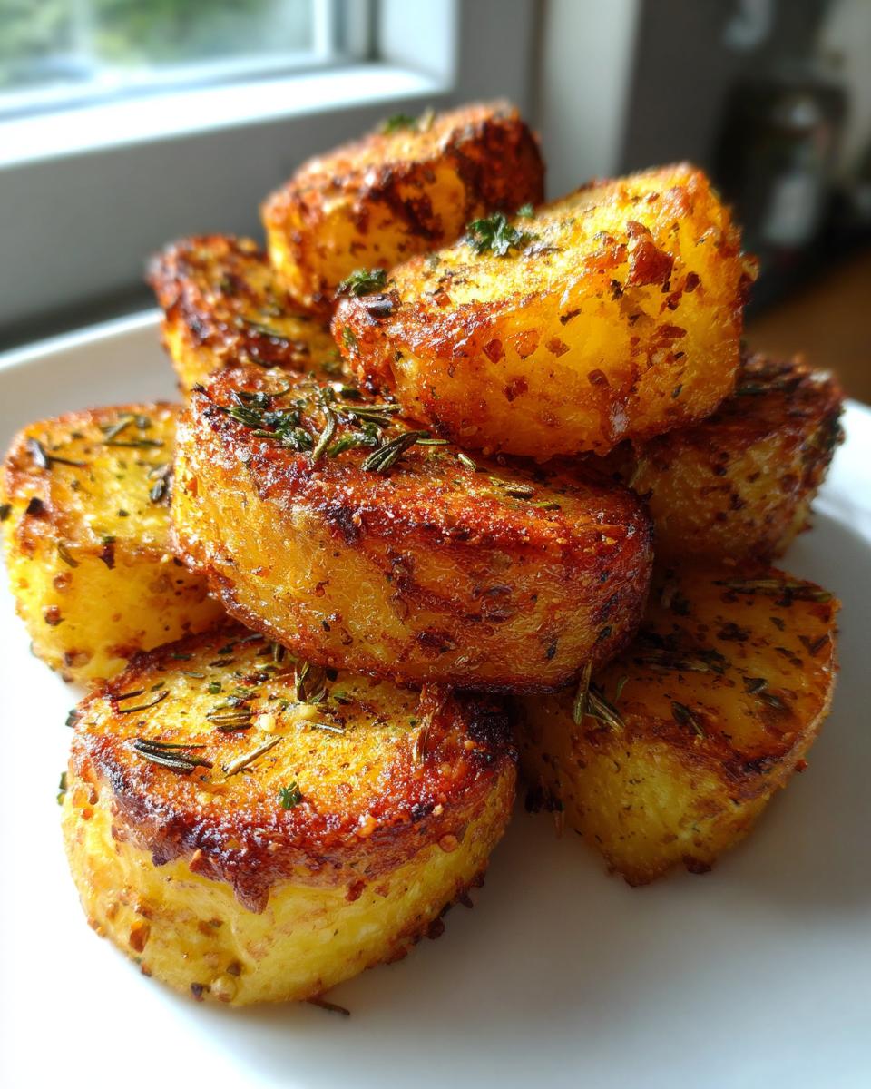 A close-up stack of golden brown, crispy oven roasted potatoes seasoned with herbs.