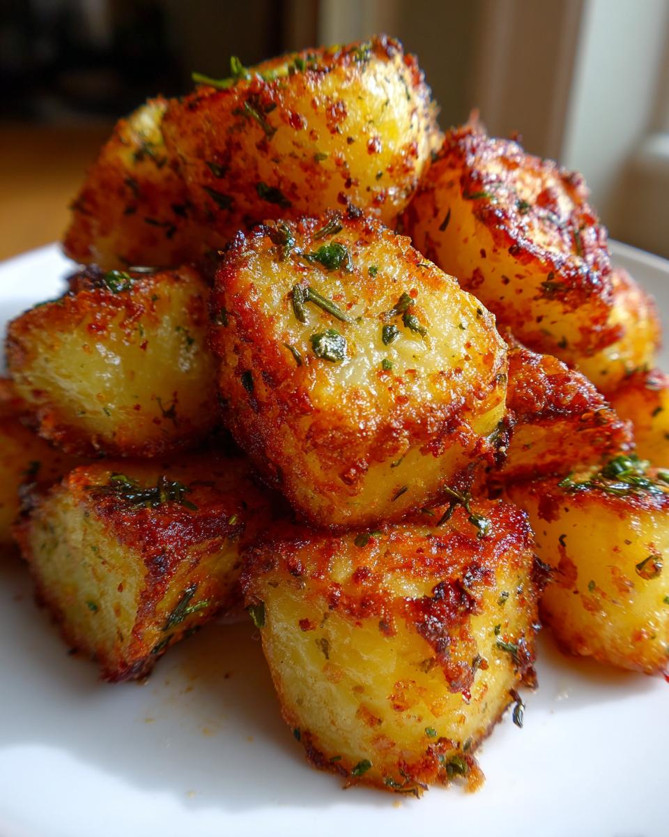 Close-up of golden brown, crispy oven roasted potatoes seasoned with herbs.
