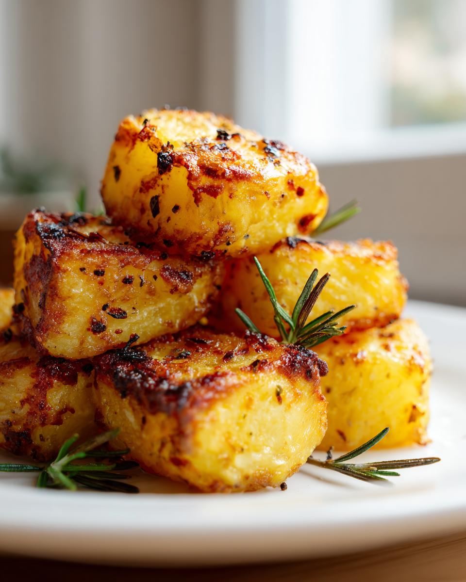 A stack of golden, crispy oven roasted potatoes seasoned with herbs on a white plate.