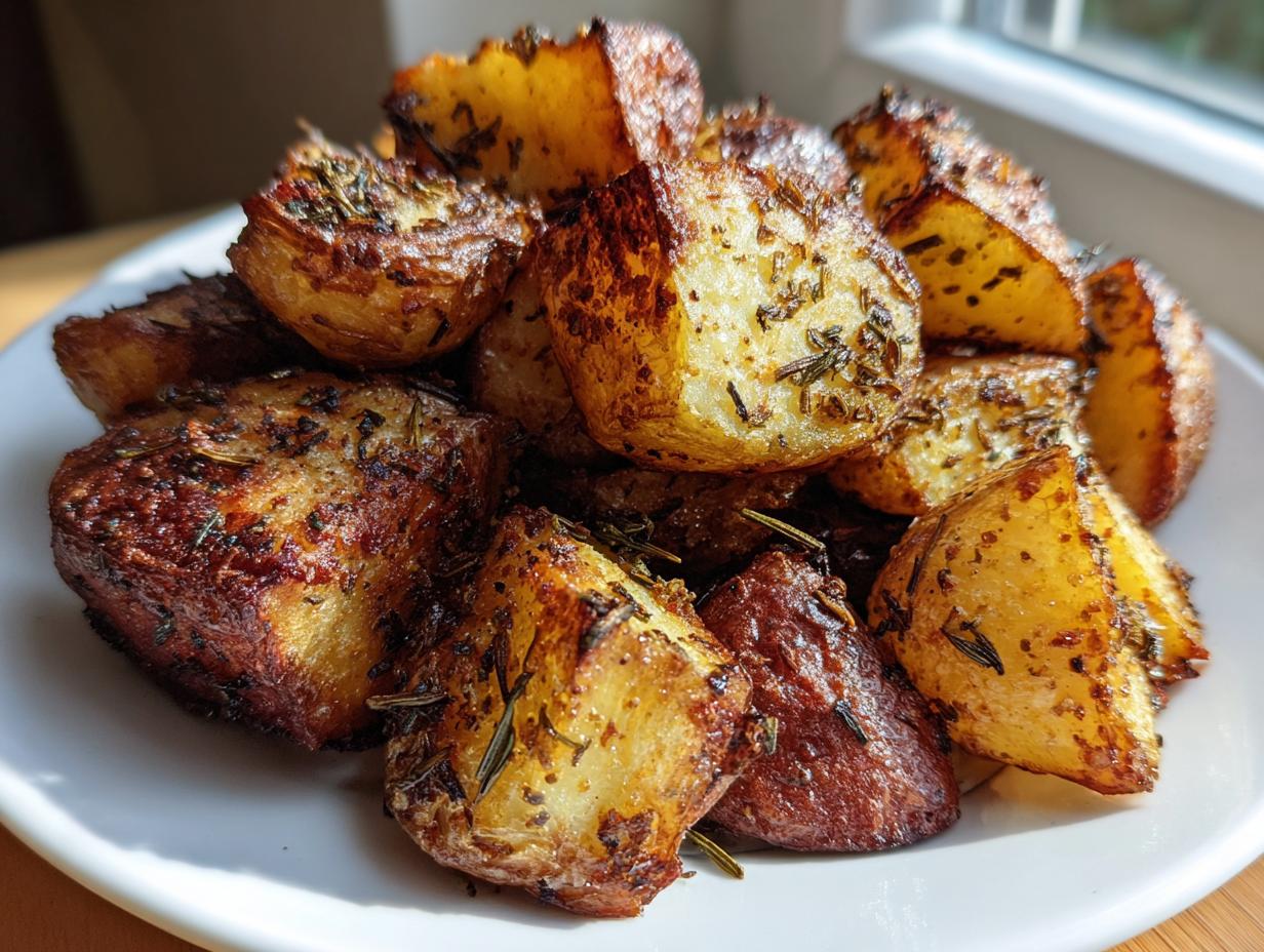 A pile of golden brown, crispy oven roasted potatoes seasoned with rosemary on a white plate.