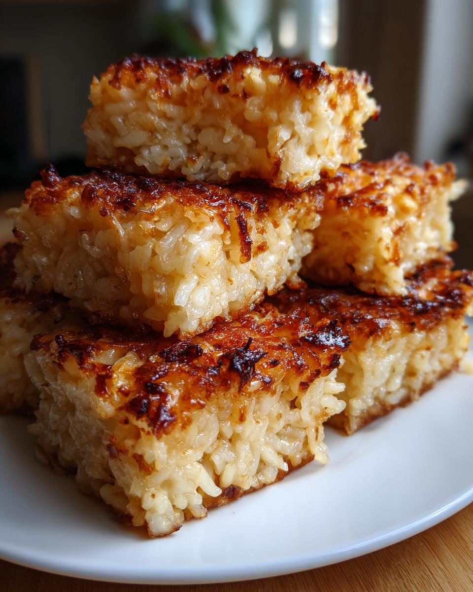A stack of golden brown, perfectly crispy rice squares served on a white plate.