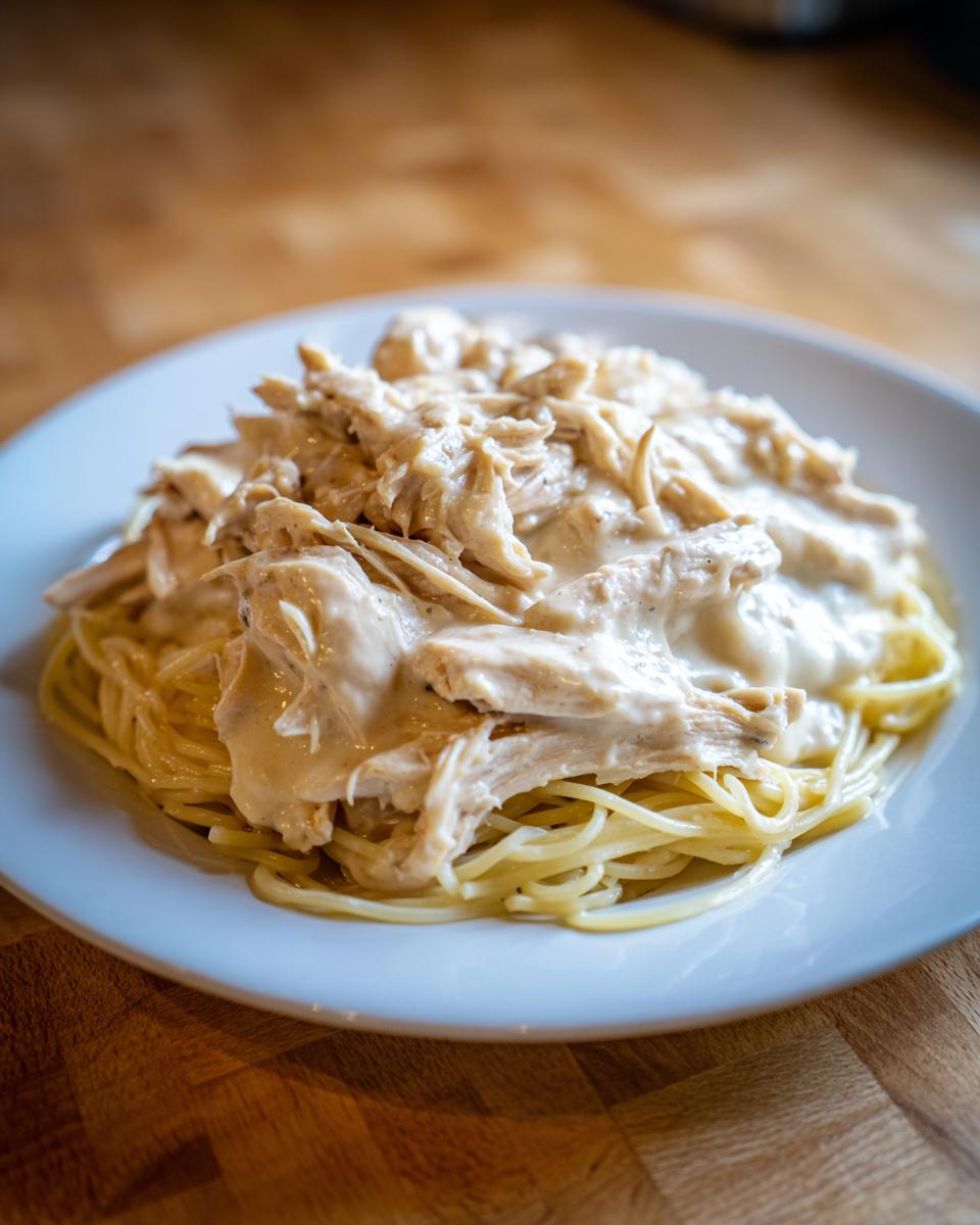 Shredded chicken in a creamy sauce, served over a bed of spaghetti, representing crock pot angel chicken.