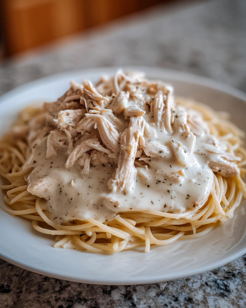 Shredded chicken in a creamy white sauce served over spaghetti, representing Crock Pot Angel Chicken.