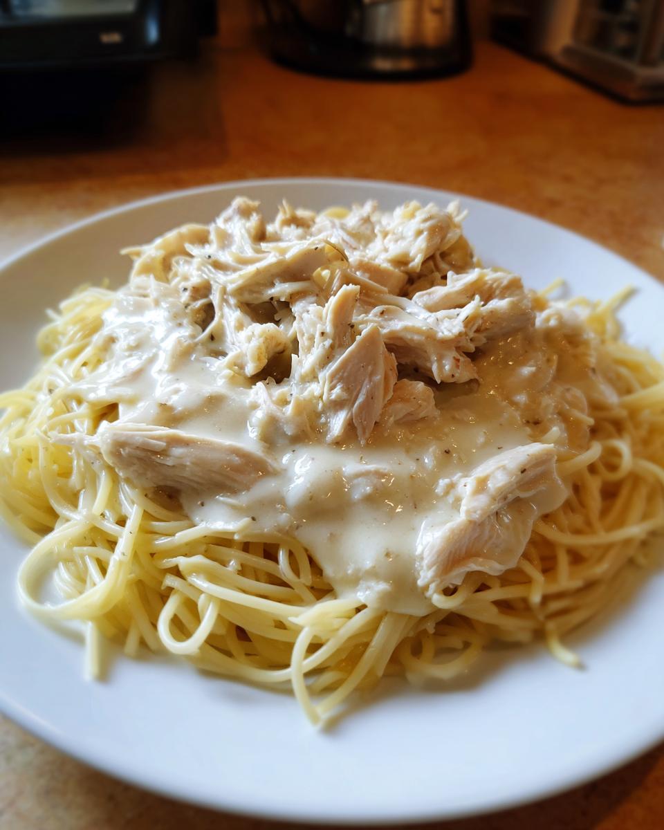 A plate of spaghetti topped with creamy sauce and shredded Crock Pot Angel Chicken.