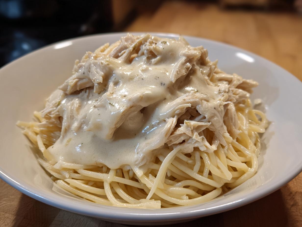 A bowl of spaghetti topped with shredded chicken and creamy sauce from crock pot angel chicken.