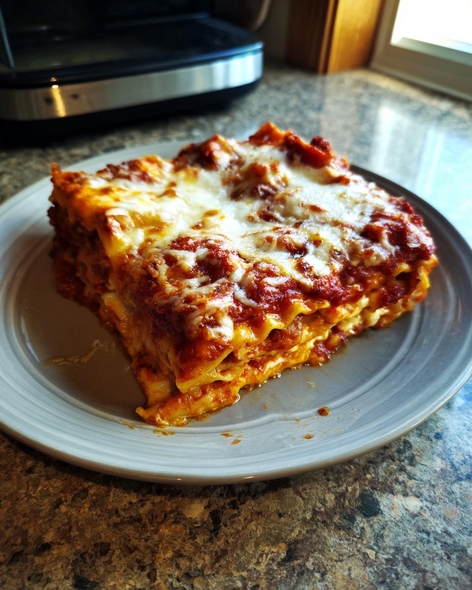 A thick, cheesy slice of crockpot ravioli lasagna served on a gray plate, covered in rich tomato sauce.