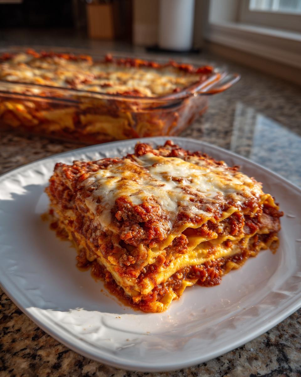 A thick slice of crockpot ravioli lasagna layered with pasta, meat sauce, and topped with melted mozzarella cheese.