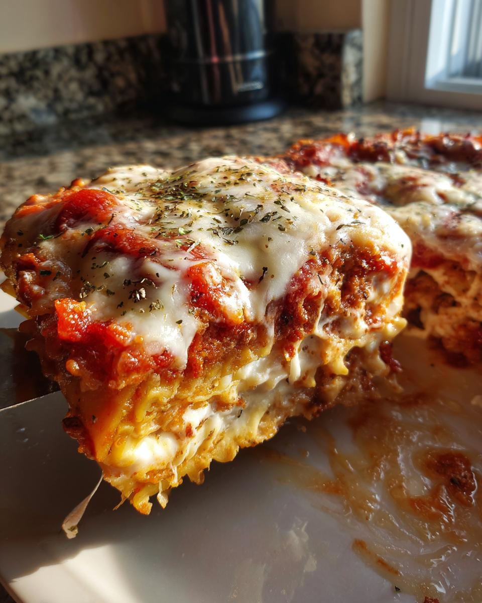 A cheesy, saucy slice of crockpot ravioli lasagna being lifted onto a plate, topped with herbs.