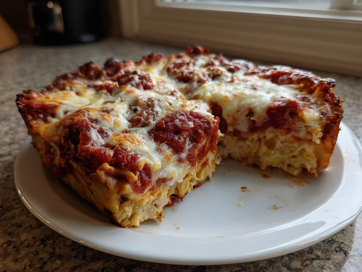 A thick, square slice of baked crockpot ravioli lasagna topped with rich tomato sauce and melted mozzarella cheese.
