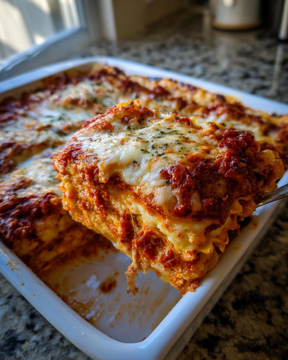 A serving spoon lifts a cheesy, saucy slice of crockpot ravioli lasagna from a white baking dish.
