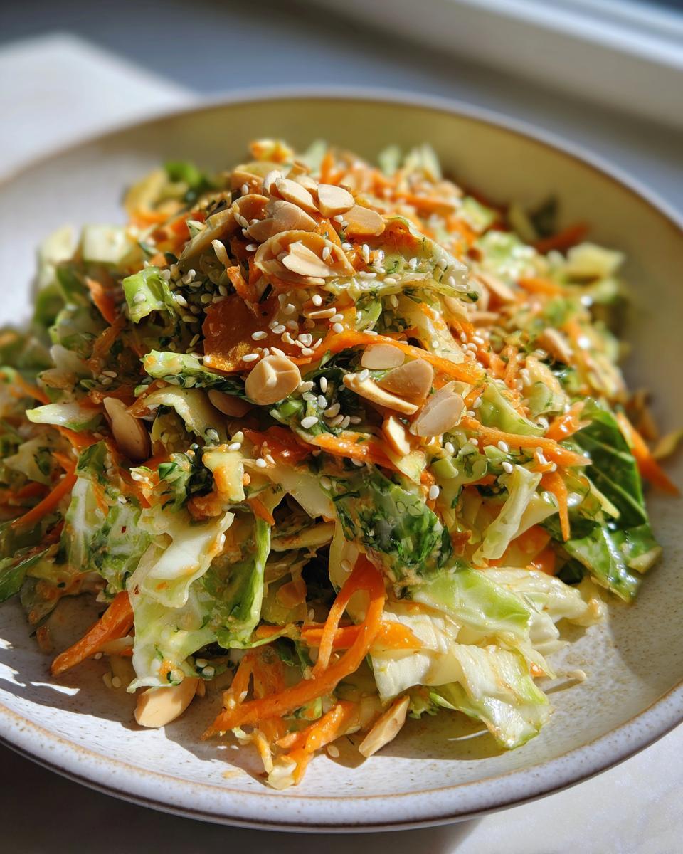 A close-up of a vibrant cabbage salad featuring shredded carrots and topped with sliced almonds and sesame seeds.