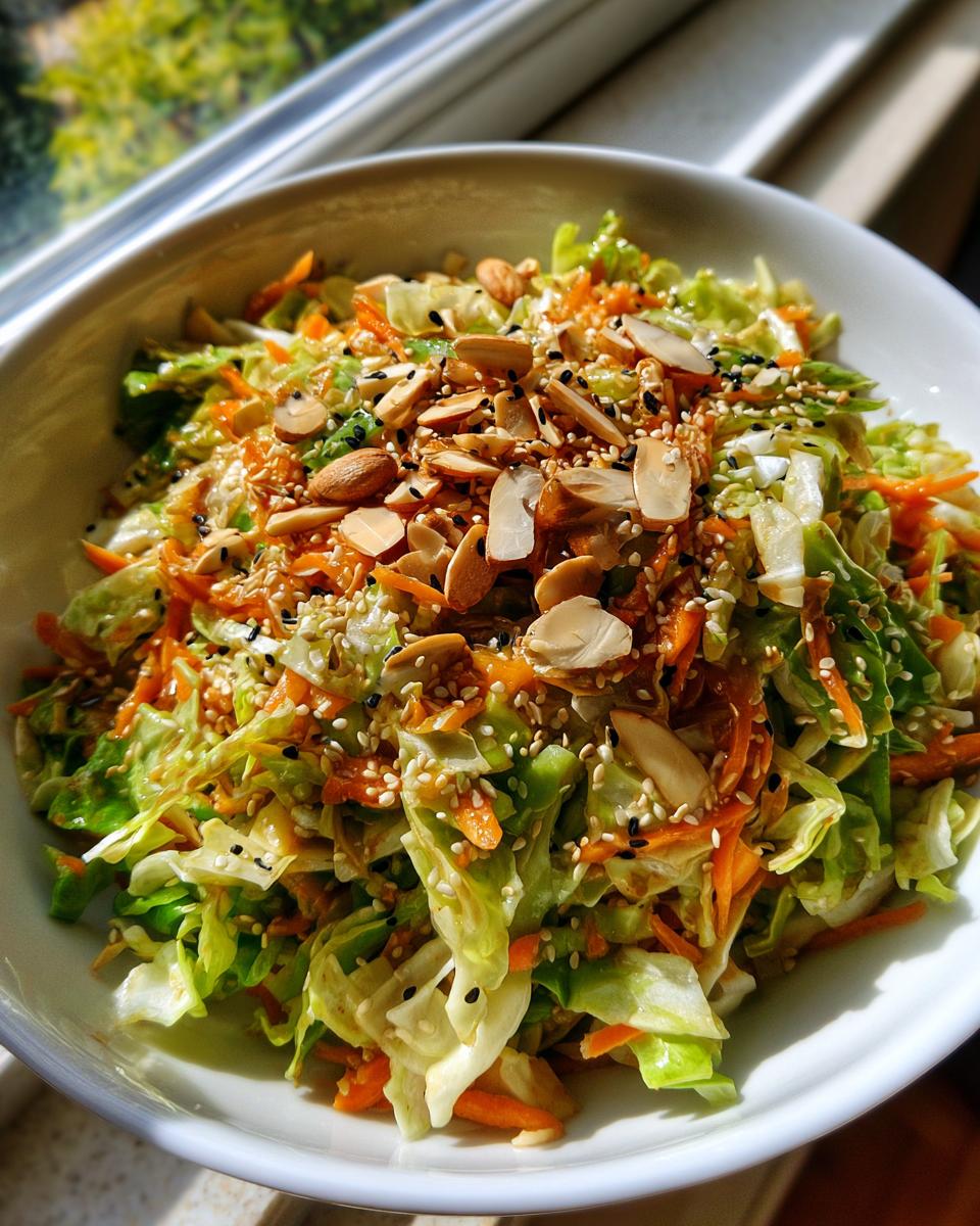 A vibrant bowl of crunchy cabbage salad mixed with shredded carrots and topped generously with sliced almonds and sesame seeds.