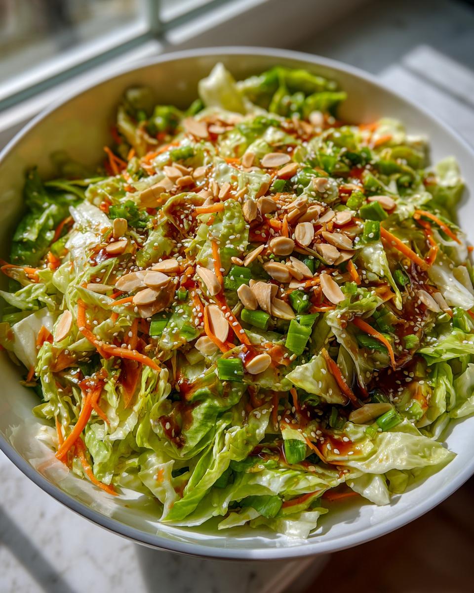 A vibrant bowl of crunchy cabbage salad topped with shredded carrots, green onions, sesame seeds, and sliced peanuts.