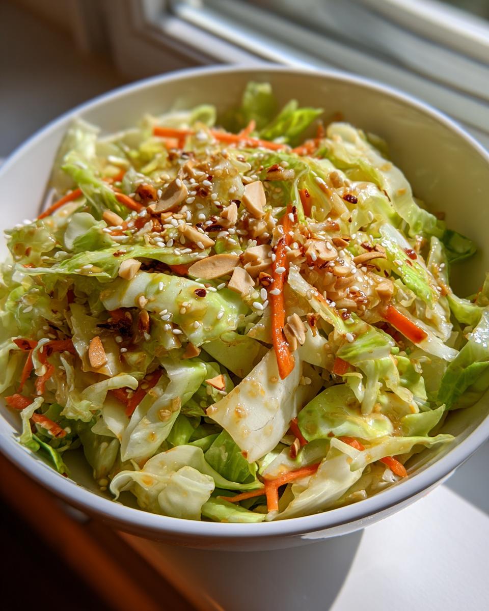 Close-up of a vibrant cabbage salad tossed in dressing and topped with chopped peanuts and sesame seeds.