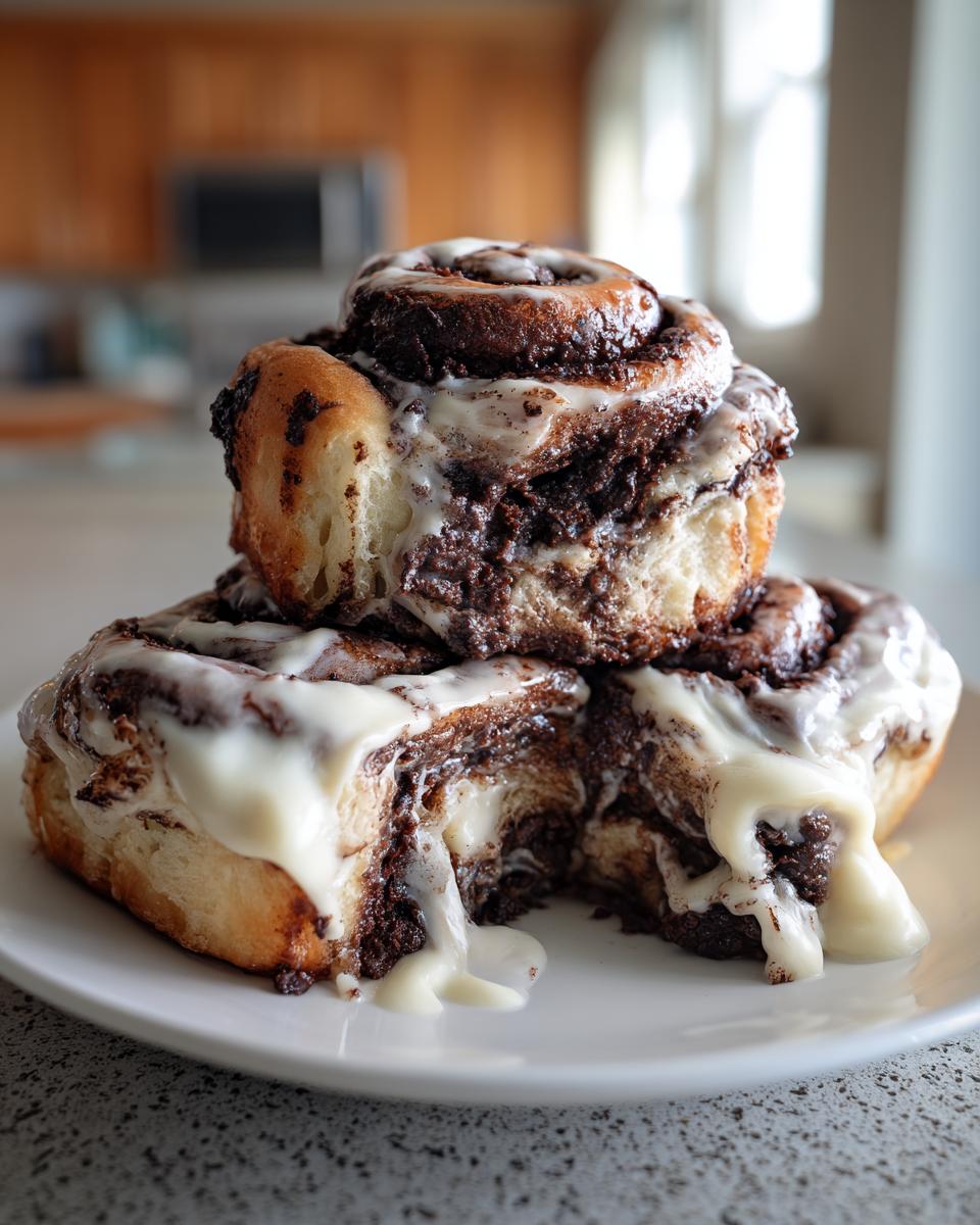 A stack of three gooey chocolate cinnamon rolls drizzled heavily with white cream cheese icing on a white plate.