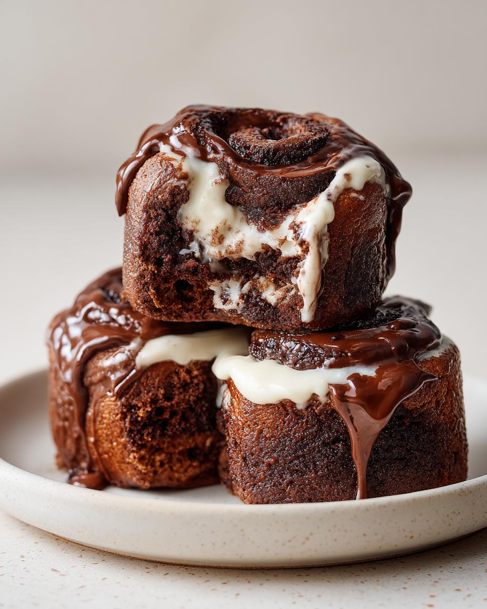 A stack of three rich chocolate cinnamon rolls topped with white and dark chocolate glaze.