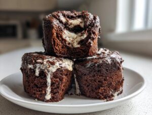 Three rich, dark chocolate cinnamon rolls stacked on a white plate, drizzled with white icing.