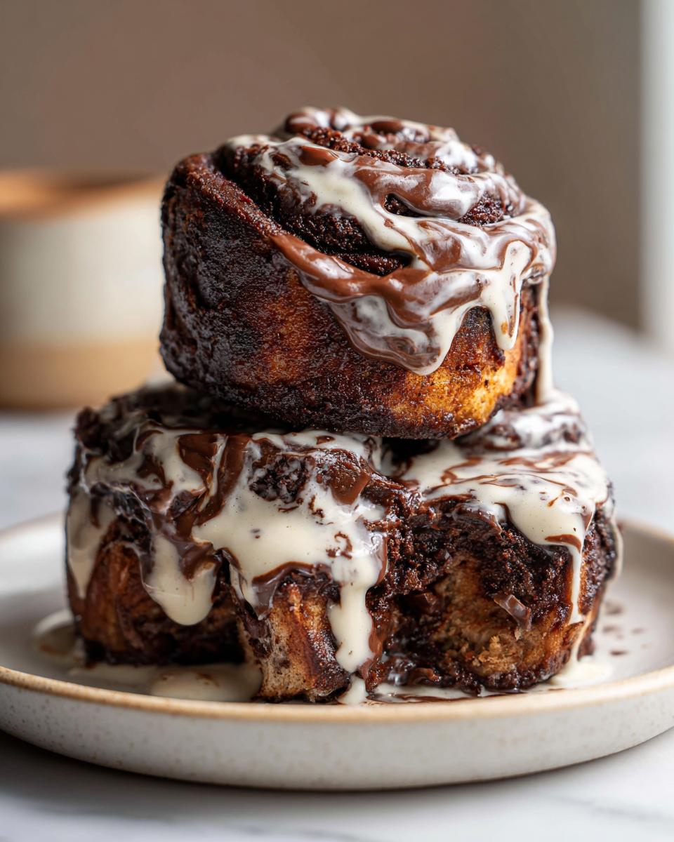 Two stacked, decadent chocolate cinnamon rolls generously drizzled with white and dark chocolate icing.