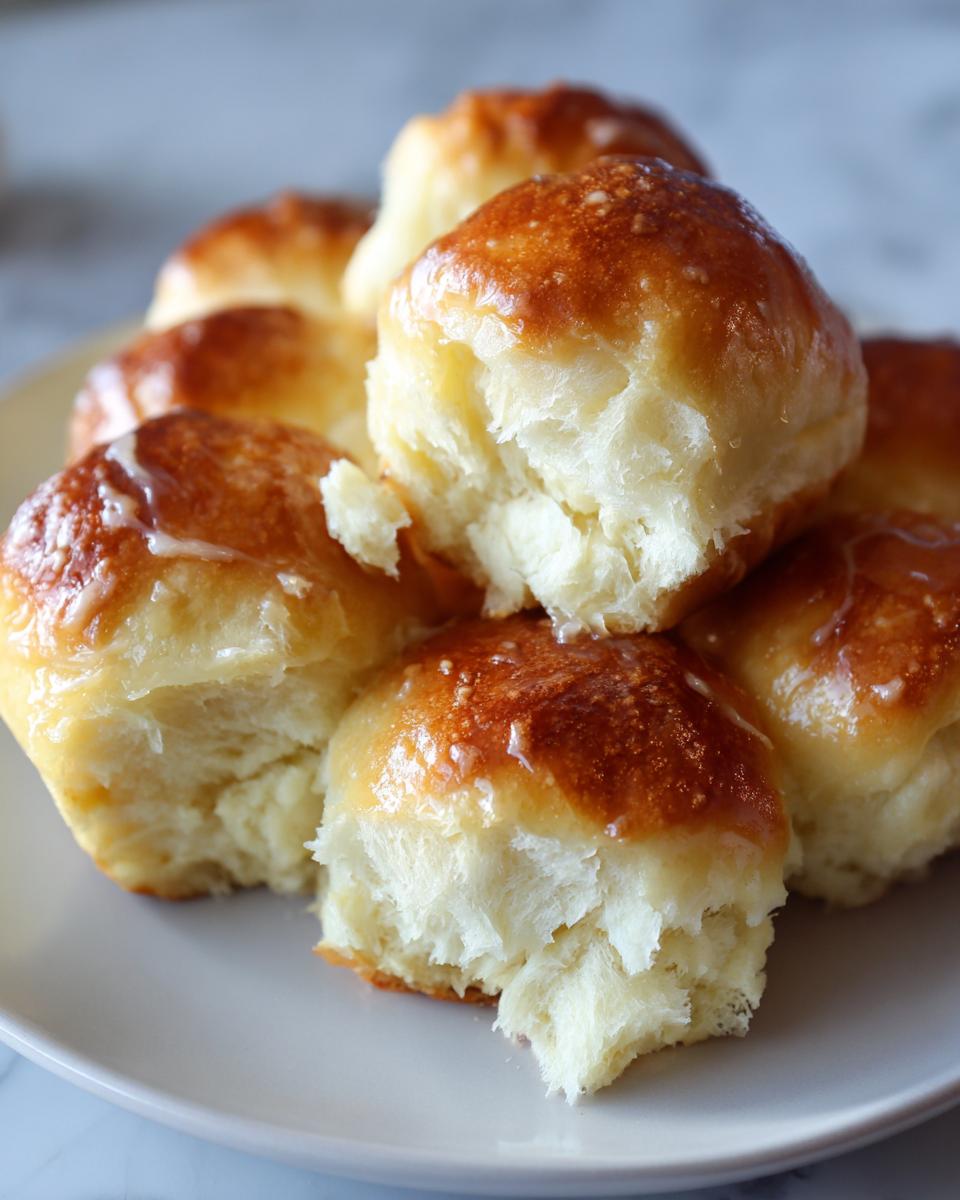 Close-up of several soft, fluffy dinner rolls with a golden-brown, glazed top piled on a light gray plate.