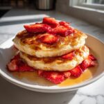 A stack of two fluffy strawberry pancakes topped with sliced strawberries and maple syrup.