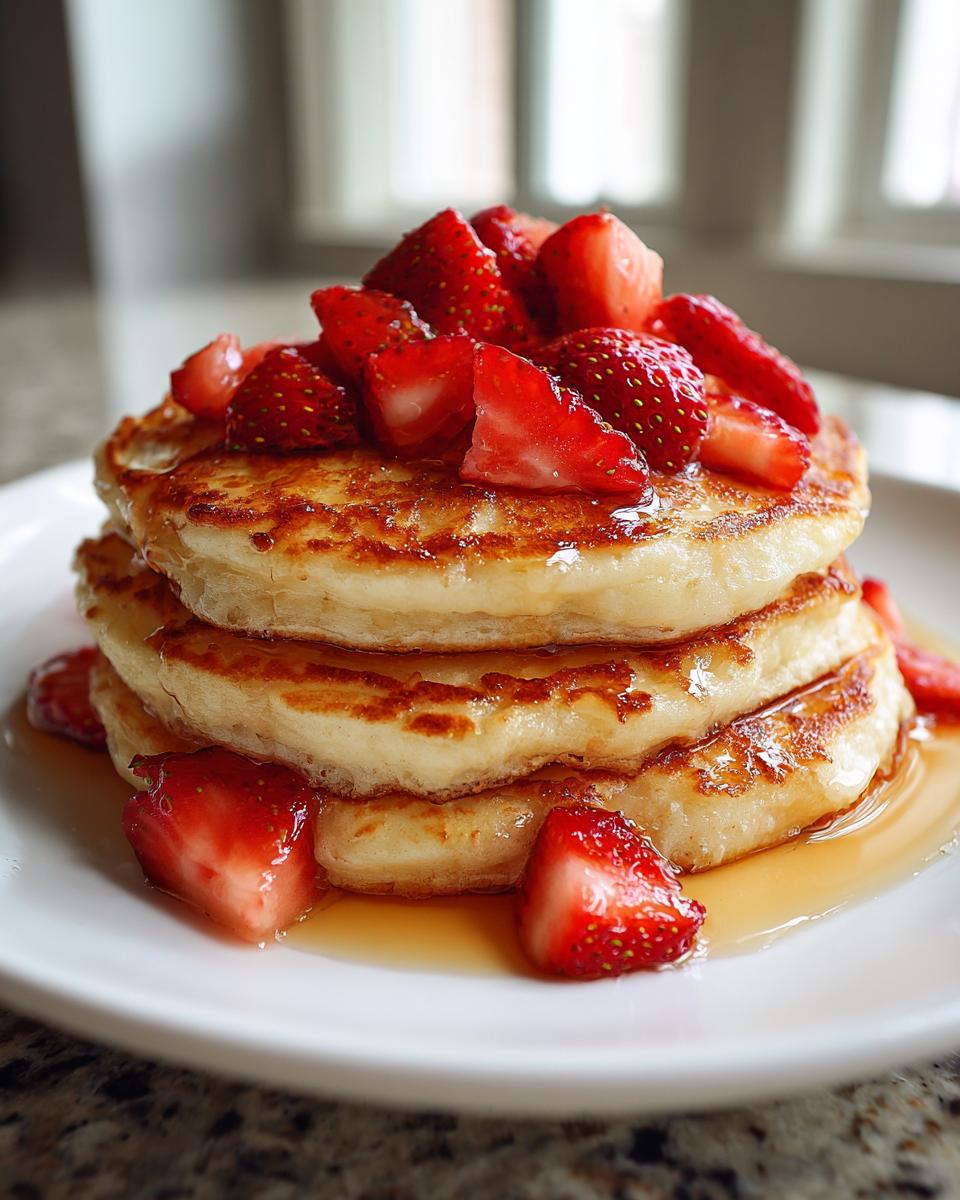 A tall stack of fluffy strawberry pancakes drizzled with syrup and topped with fresh sliced strawberries.