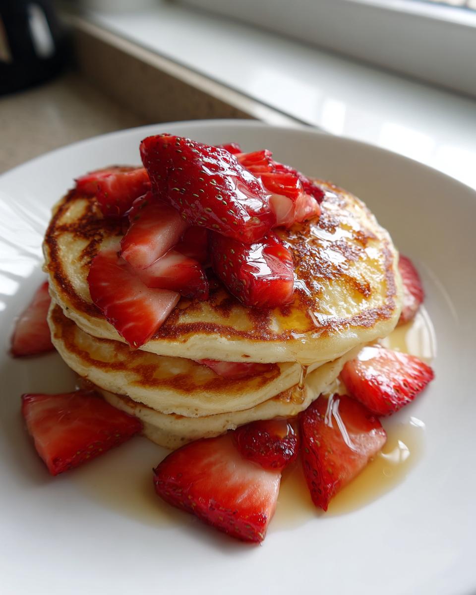 A stack of three fluffy strawberry pancakes topped with fresh sliced strawberries and drizzled with syrup.