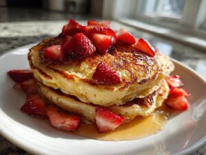 A stack of two fluffy strawberry pancakes topped with fresh sliced strawberries and drizzled with maple syrup.