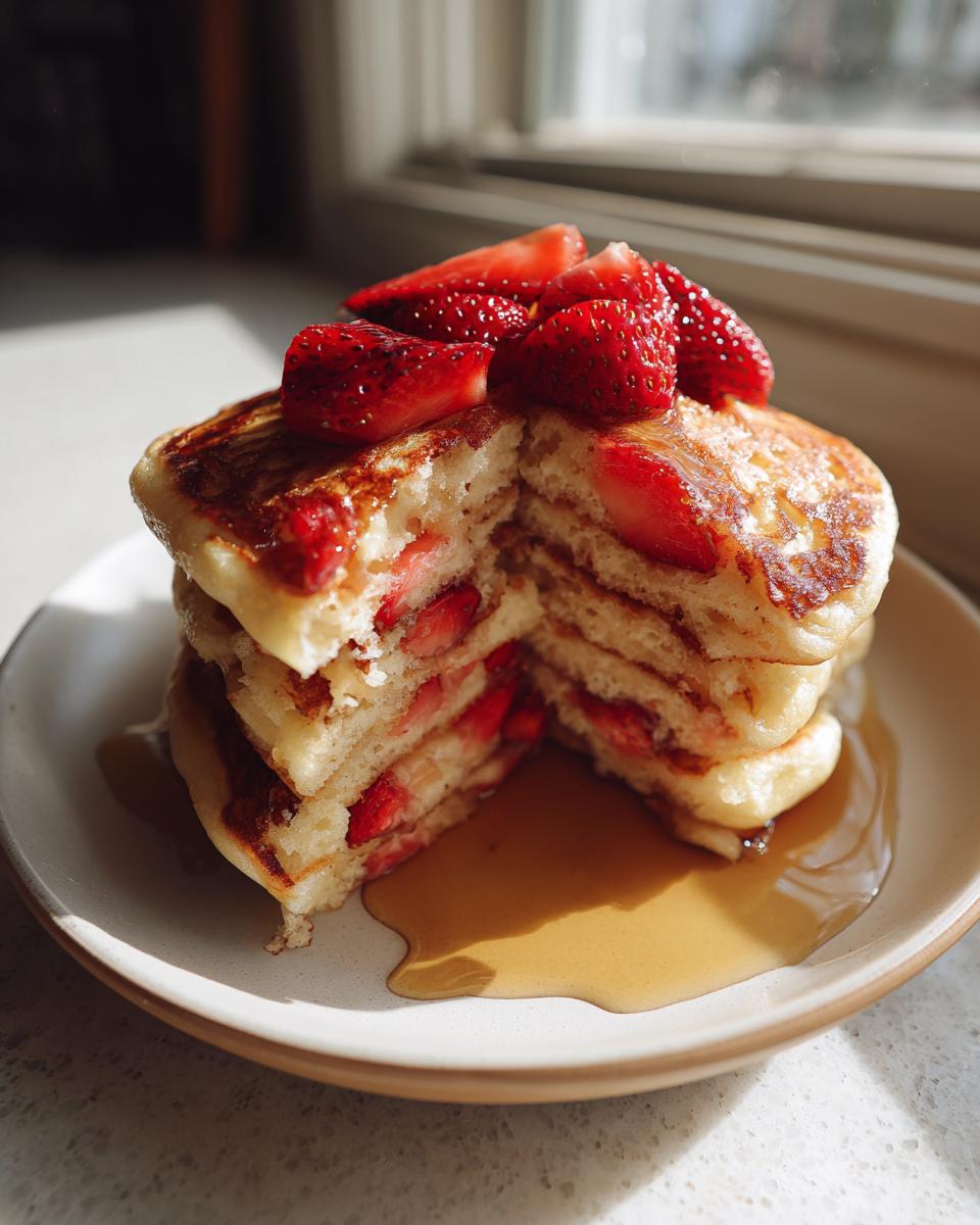 A stack of fluffy strawberry pancakes, cut open to show strawberries inside, topped with fresh strawberries and syrup.