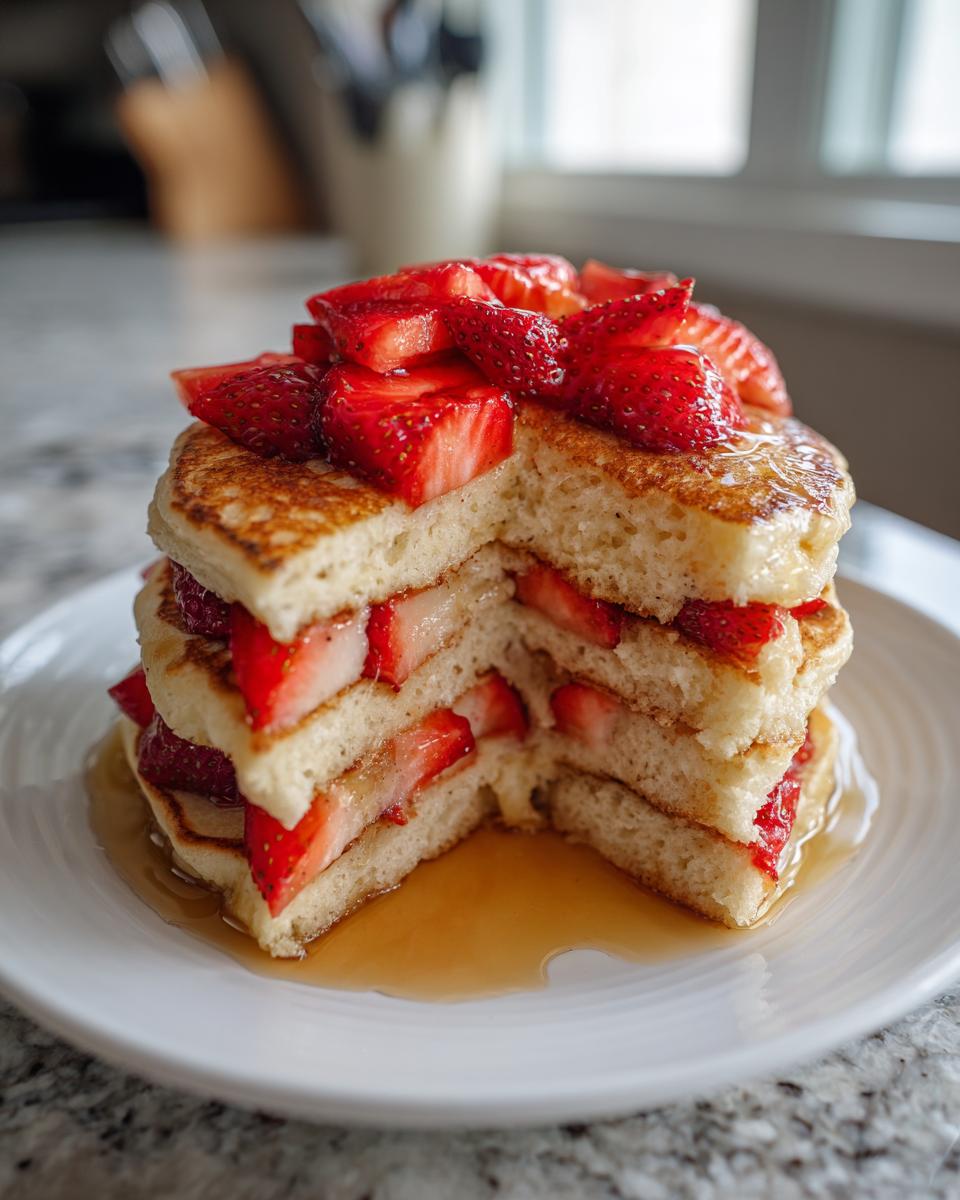 A tall stack of fluffy strawberry pancakes, cut to show layers of fresh strawberries and drizzled with maple syrup.