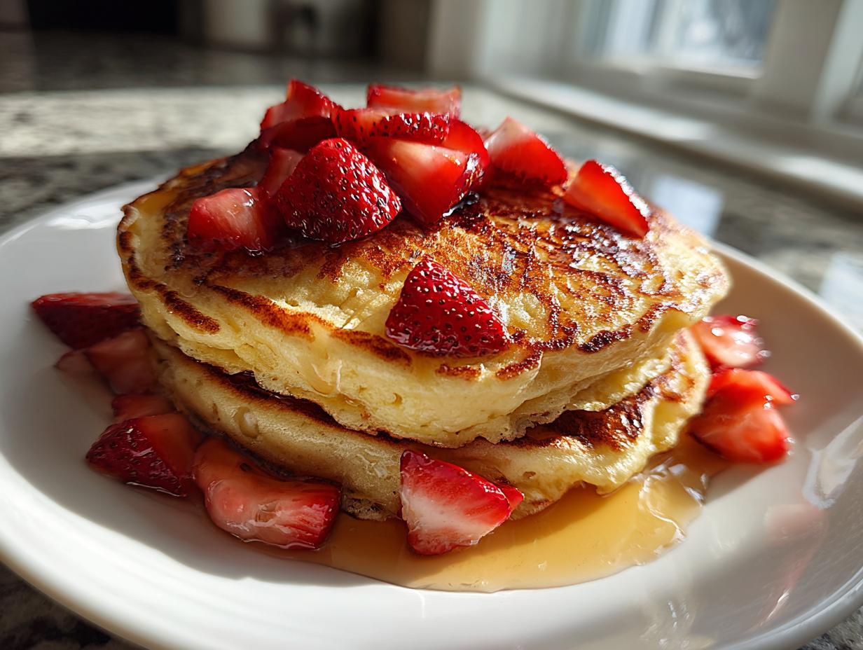 A stack of two fluffy strawberry pancakes topped with fresh sliced strawberries and drizzled with maple syrup.