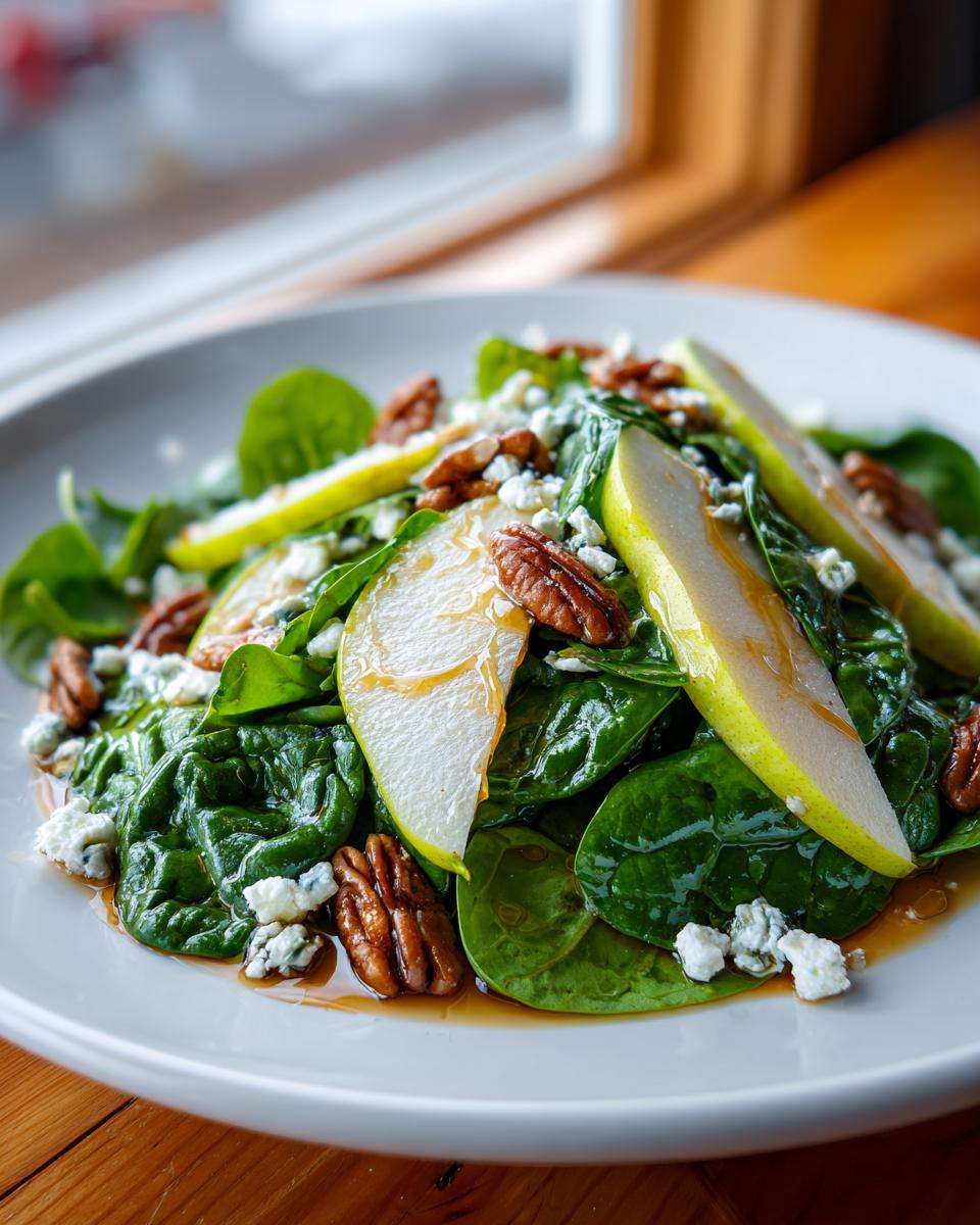 A vibrant close-up of a fresh pear salad featuring spinach, sliced pears, pecans, and crumbled blue cheese.