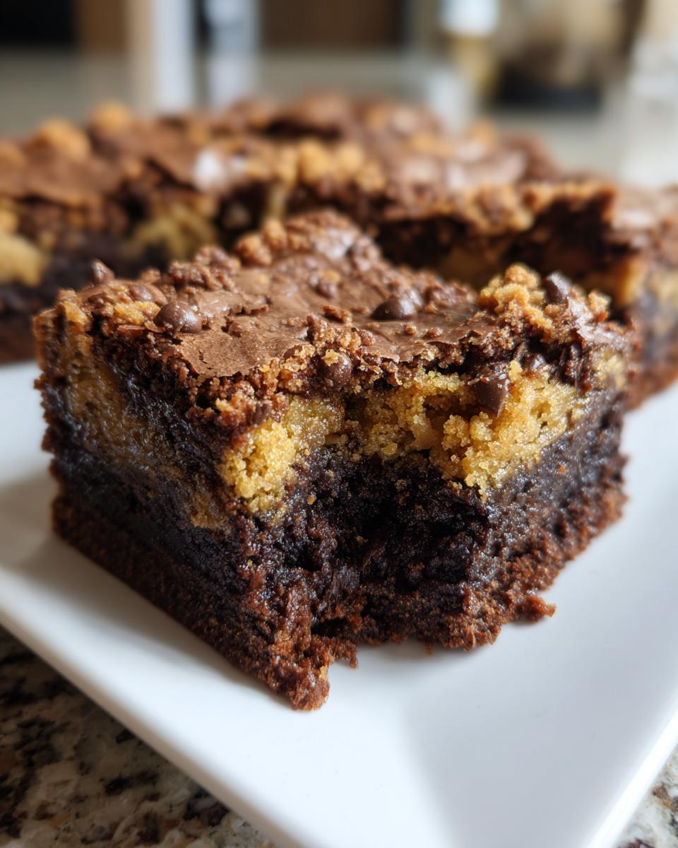 Close-up of a fudgy brookie square showing the dark chocolate brownie layer and the lighter cookie dough layer.