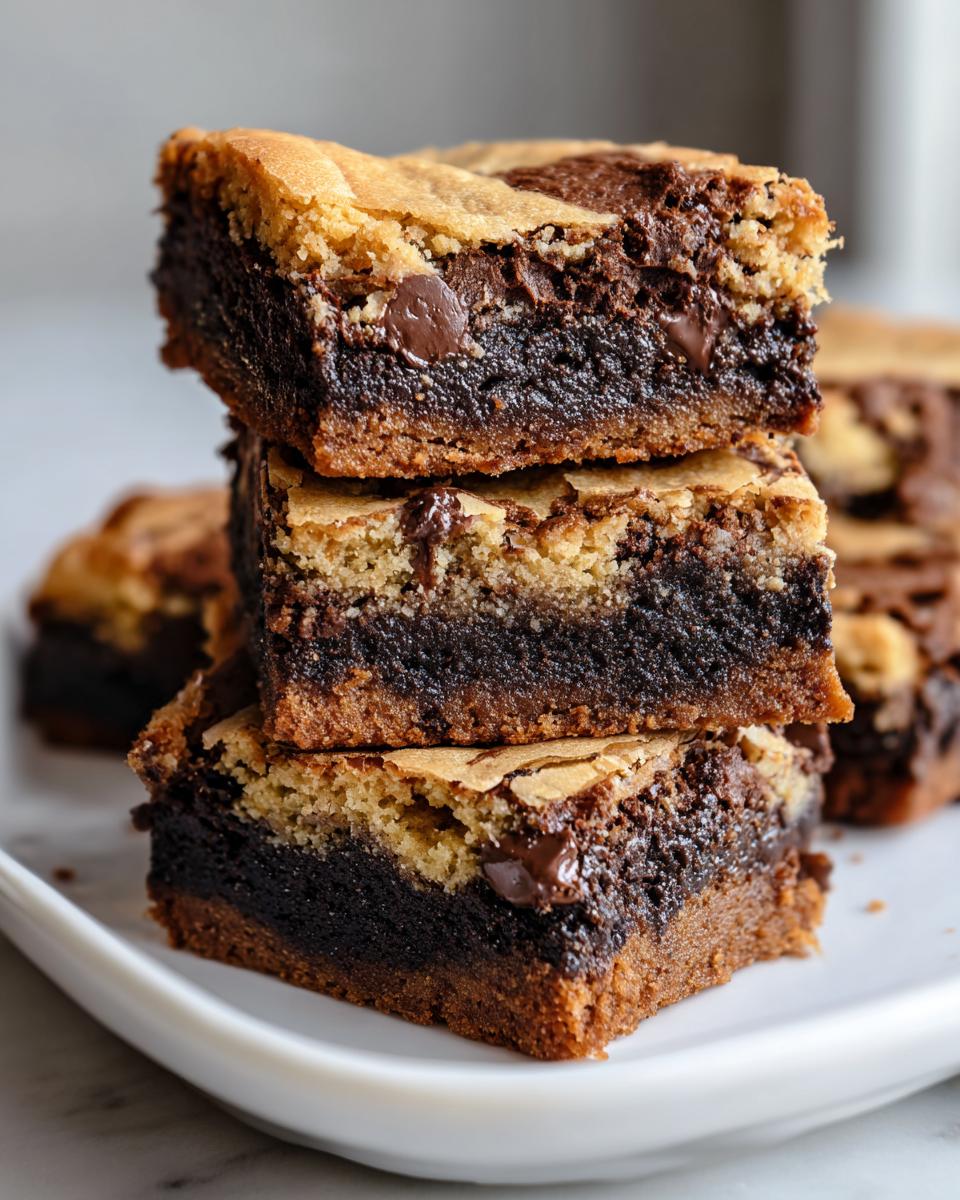 A close-up stack of three fudgy brookies, showing the distinct brownie and cookie layers with melted chocolate chips.