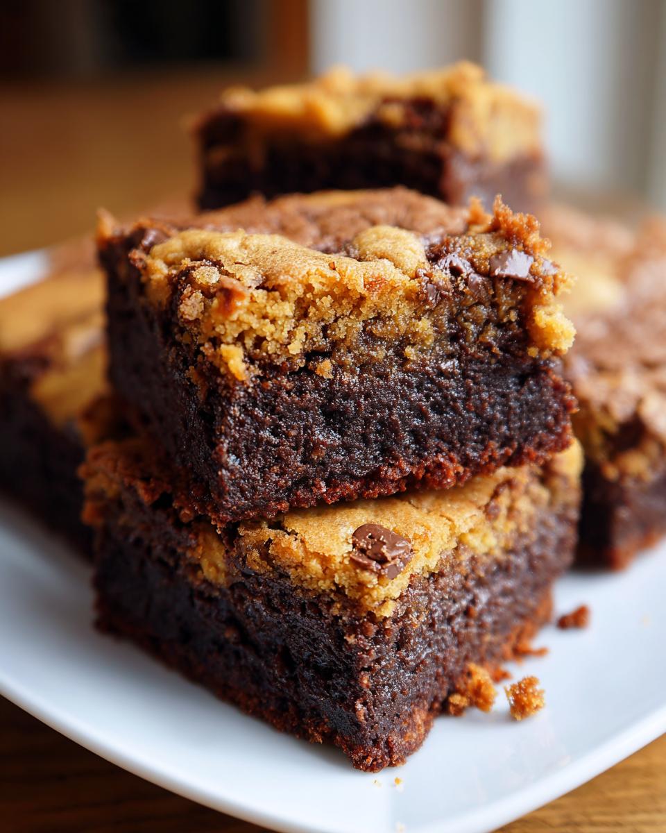 Close-up of stacked, fudgy brookies showing a dense brownie base and a chewy chocolate chip cookie topping.