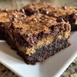 A close-up of a fudgy, layered brookie showing a dark chocolate brownie base and a lighter cookie layer, topped with chocolate chips.