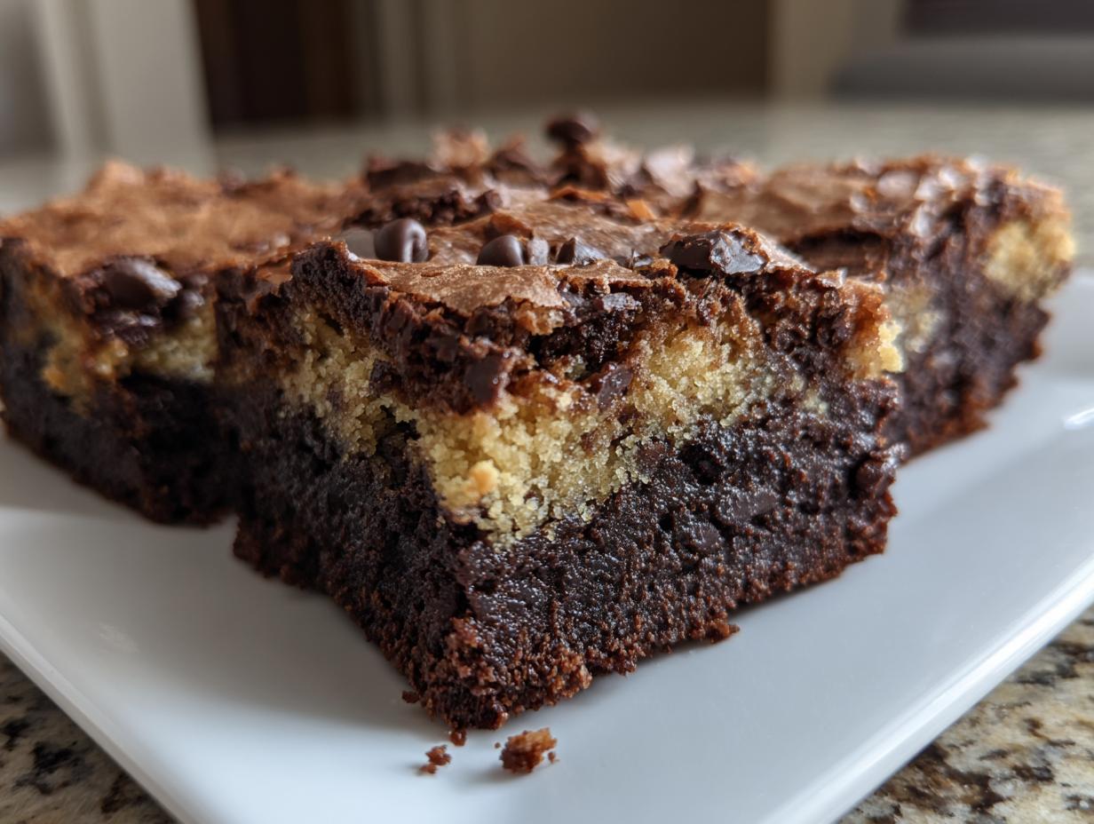 A close-up of fudgy, layered brookies showing the dark brownie base and lighter cookie dough layer, topped with chocolate chips.