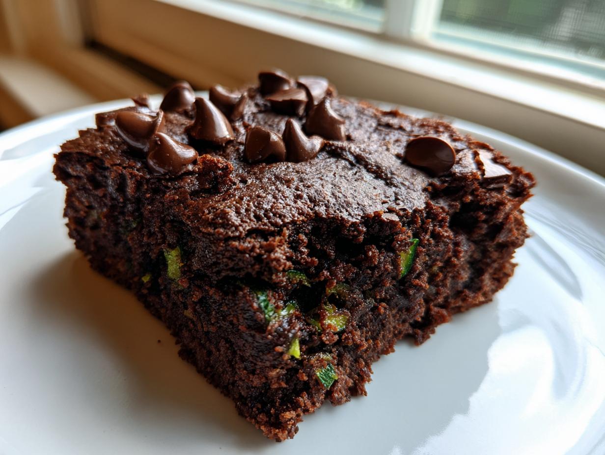 Close-up of a fudgy square of zucchini brownies topped with melted chocolate chips, showing green zucchini shreds inside.
