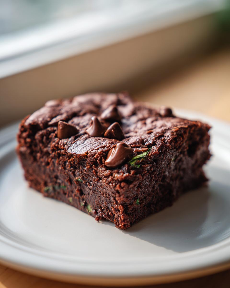 Close-up of a fudgy square of zucchini brownies topped with melted chocolate chips.