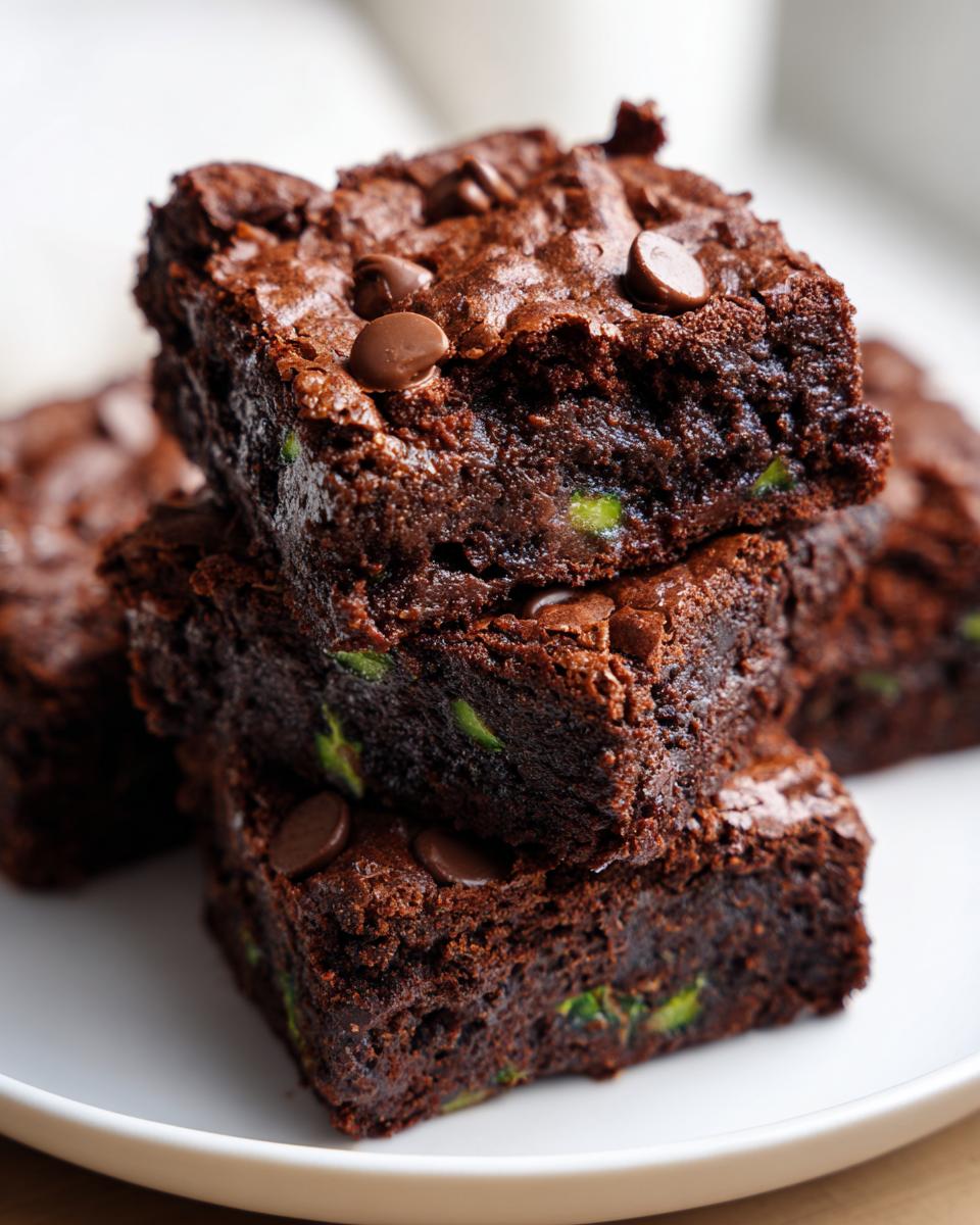 Close-up of a stack of fudgy zucchini brownies showing green shreds of zucchini inside and chocolate chips on top.