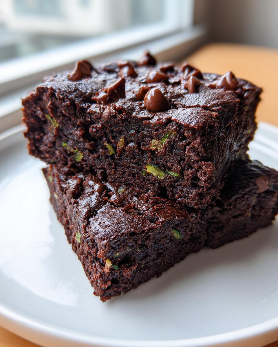Two stacked, fudgy zucchini brownies topped with chocolate chips, showing flecks of green zucchini inside.