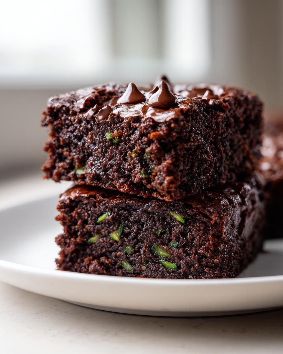 Close-up of two stacked, fudgy zucchini brownies showing green shreds of zucchini and topped with melted chocolate chips.