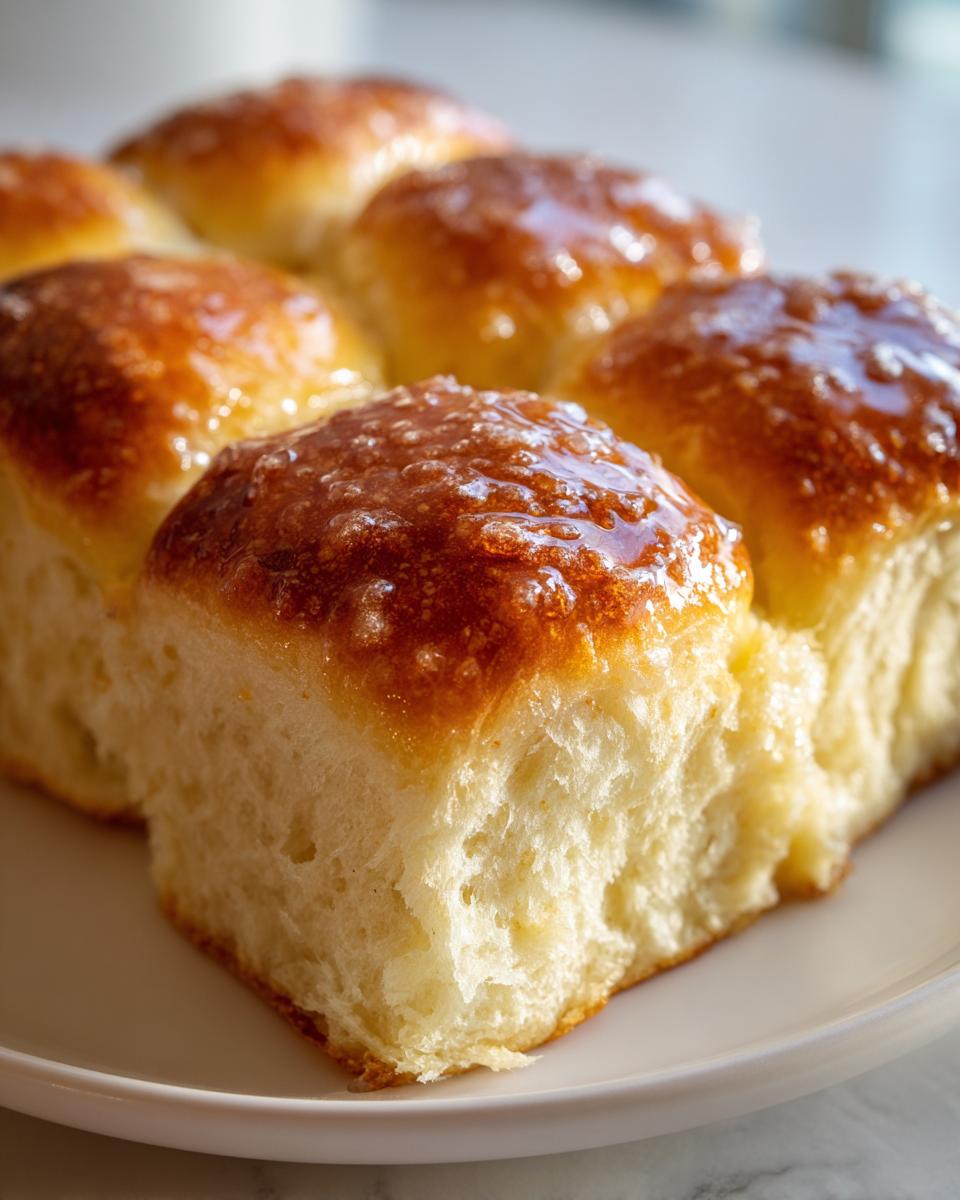Close-up of freshly baked, golden brown dinner rolls with a shiny honey glaze, showing a soft interior.