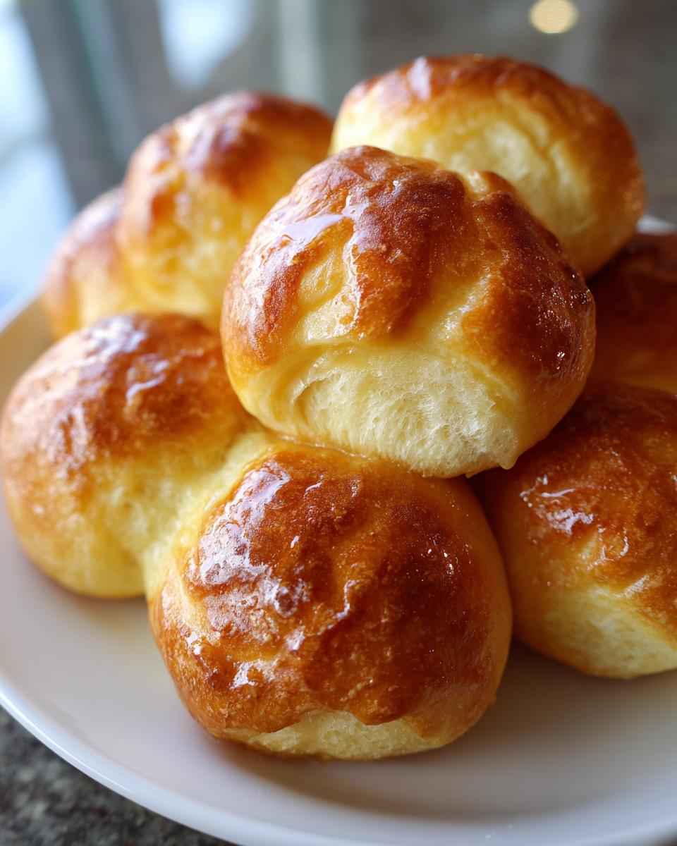 Close-up of several fluffy, golden-brown dinner rolls stacked on a white plate, glistening with a sweet glaze.