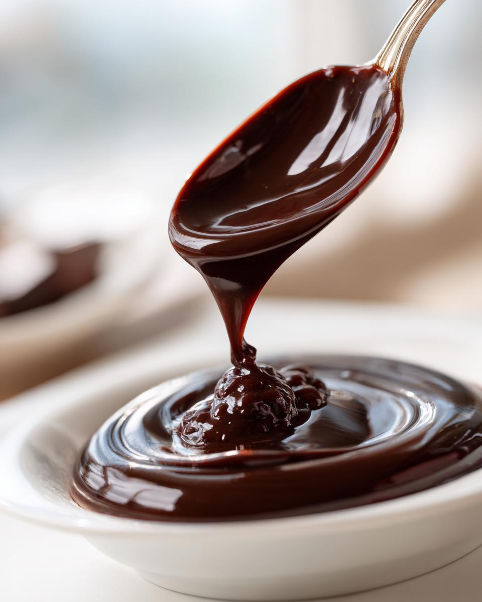 A spoonful of thick, glossy homemade chocolate sauce drips back into a white bowl.