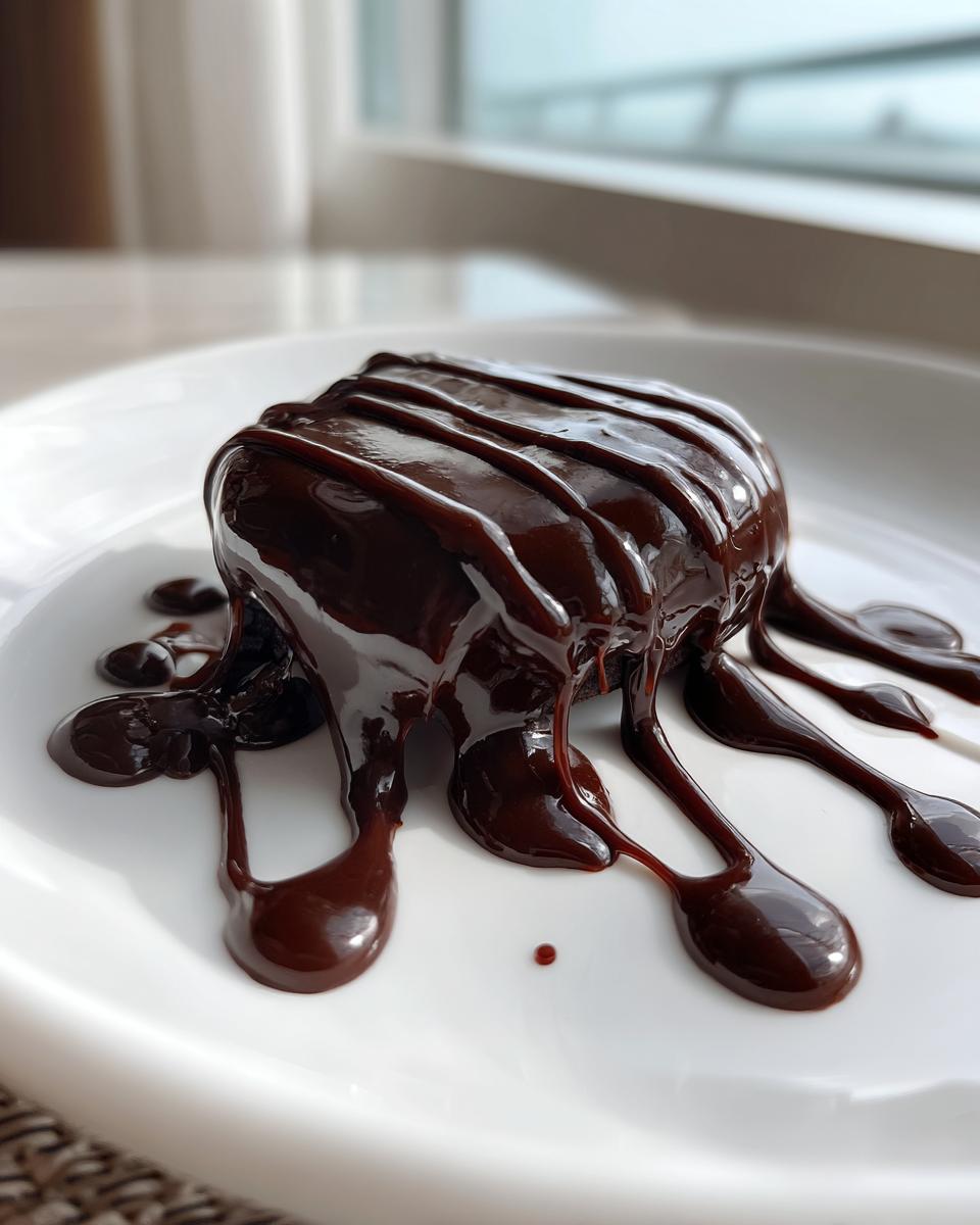 A square dessert heavily coated in glossy, homemade chocolate sauce dripping down onto a white plate.
