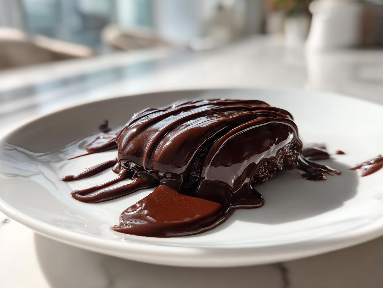 A square piece of dark dessert generously covered in thick, glossy homemade chocolate sauce on a white plate.